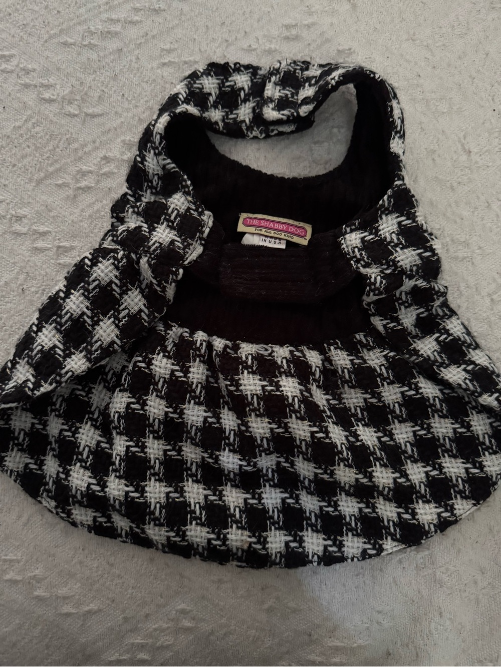 Black & White Tweed Houndstooth dog dress with Bow Accent and Curdoroy lining - Picture 2 of 9